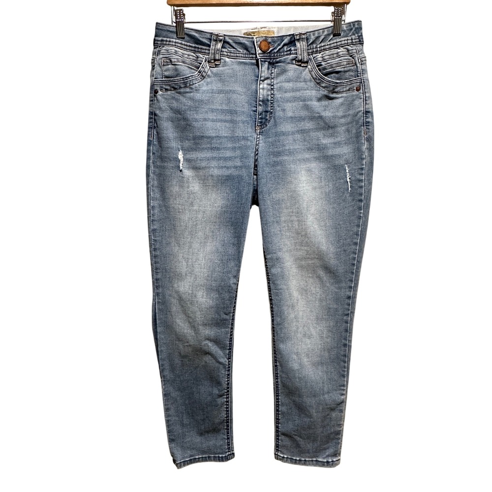 Democracy Ab Technology Jeans Women 12 Light Blue Distressed Slim Straight Denim
